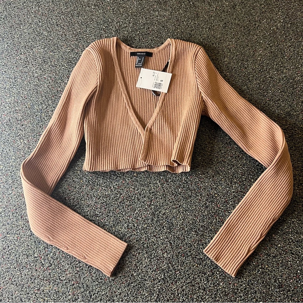 FOREVER21 NWT Beige Sparkly Ribbed Cropped Cardigan Knit Sweater Shrug Shirt S - Picture 7 of 16